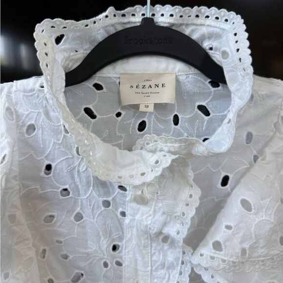 Sezane White Chiara Eyelet Ruffled Cotton Blouse, Size 38 - Picture 4 of 12